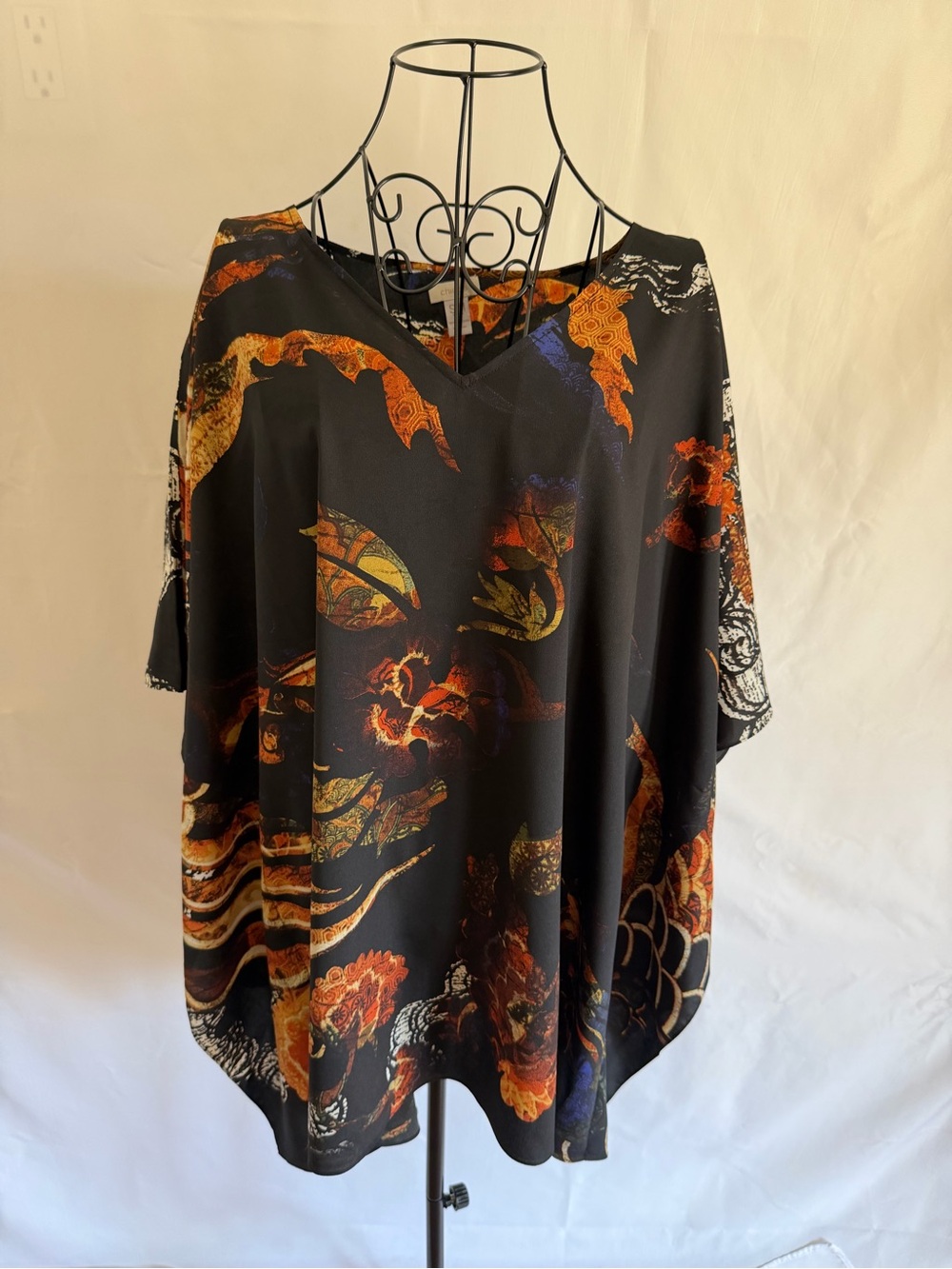 Chico's Black V-Neck Floral Print Tunic with Orange and Gold Accents